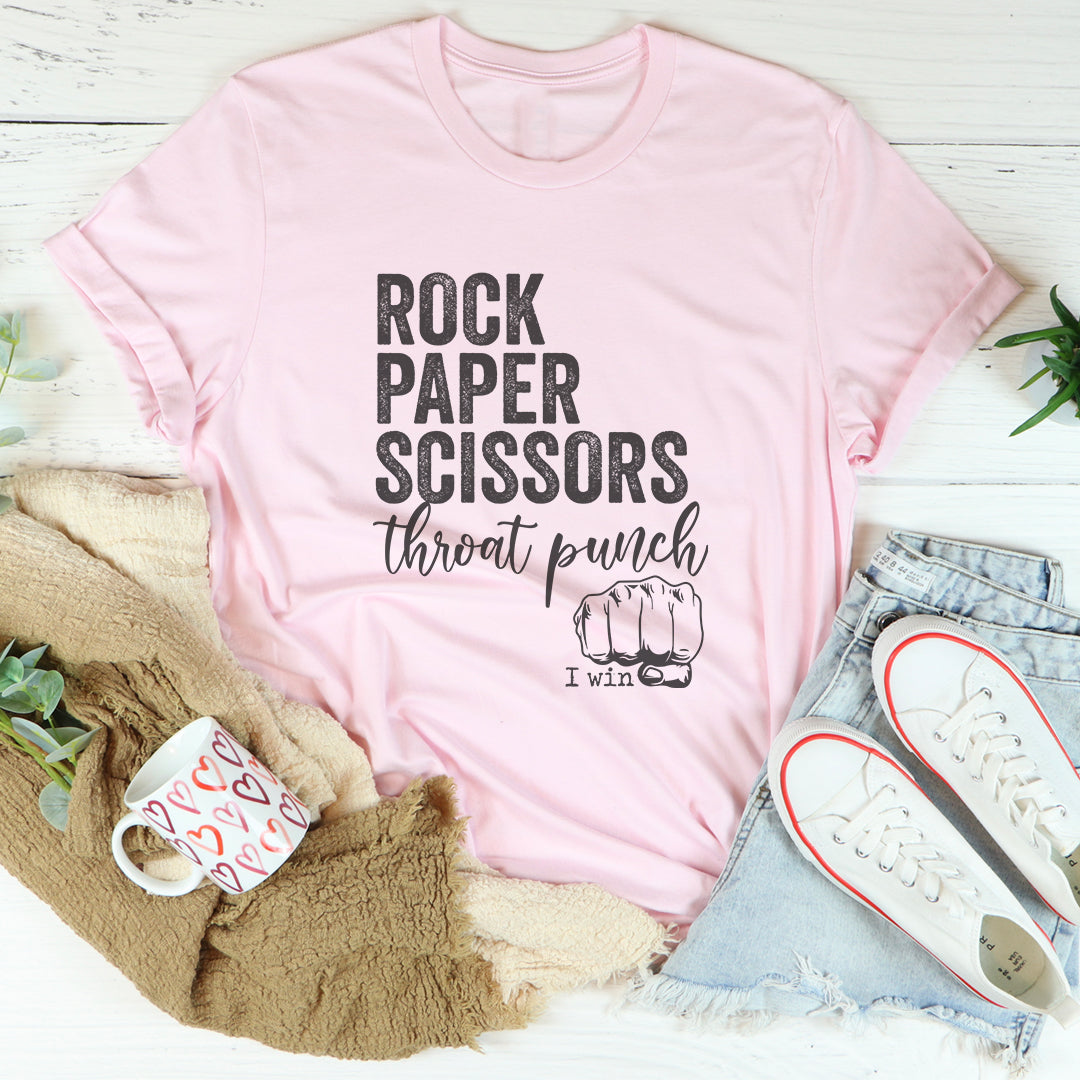 Women's Funny Sarcastic Graphic T-Shirt – Rock Paper Scissors Throat Punch I Win Tee