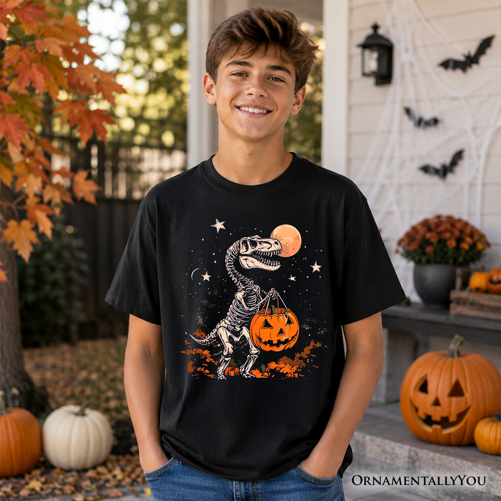 Spooky Saurus Kids T-Shirt, Halloween Dinosaur Skeleton Pumpkin Tee for Youth