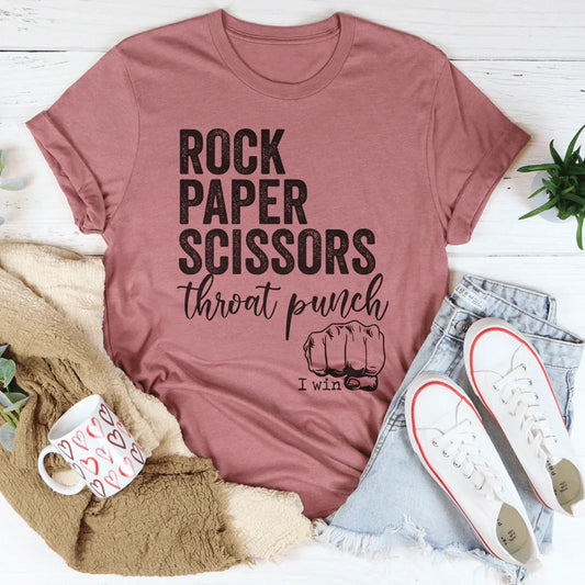 Women's Funny Sarcastic Graphic T-Shirt – Rock Paper Scissors Throat Punch I Win Tee